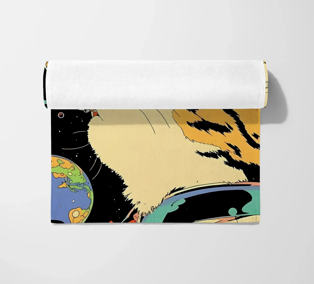 Space Cat Blowing Planet Bubbles – Colorful Sci-Fi Vector Ar beach towel by Mittelerde Atelier