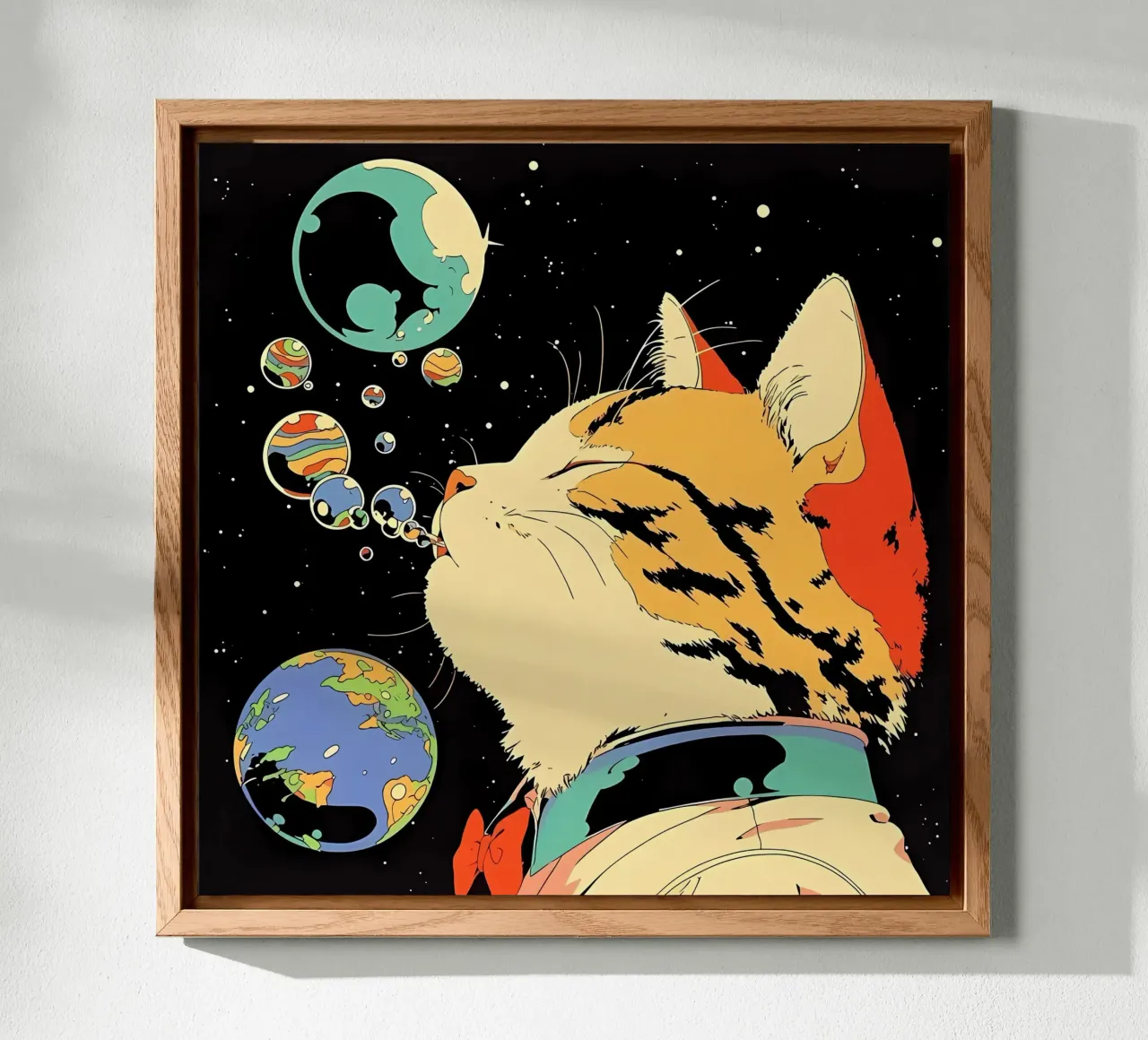 Space Cat Blowing Planet Bubbles – Colorful Sci-Fi Vector Ar alu-dibond by Mittelerde Atelier
