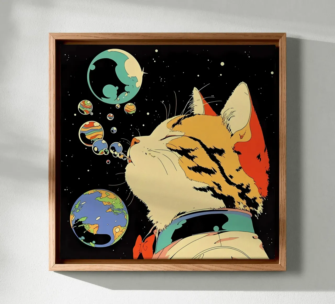 Space Cat Blowing Planet Bubbles – Colorful Sci-Fi Vector Ar canvas by Mittelerde Atelier