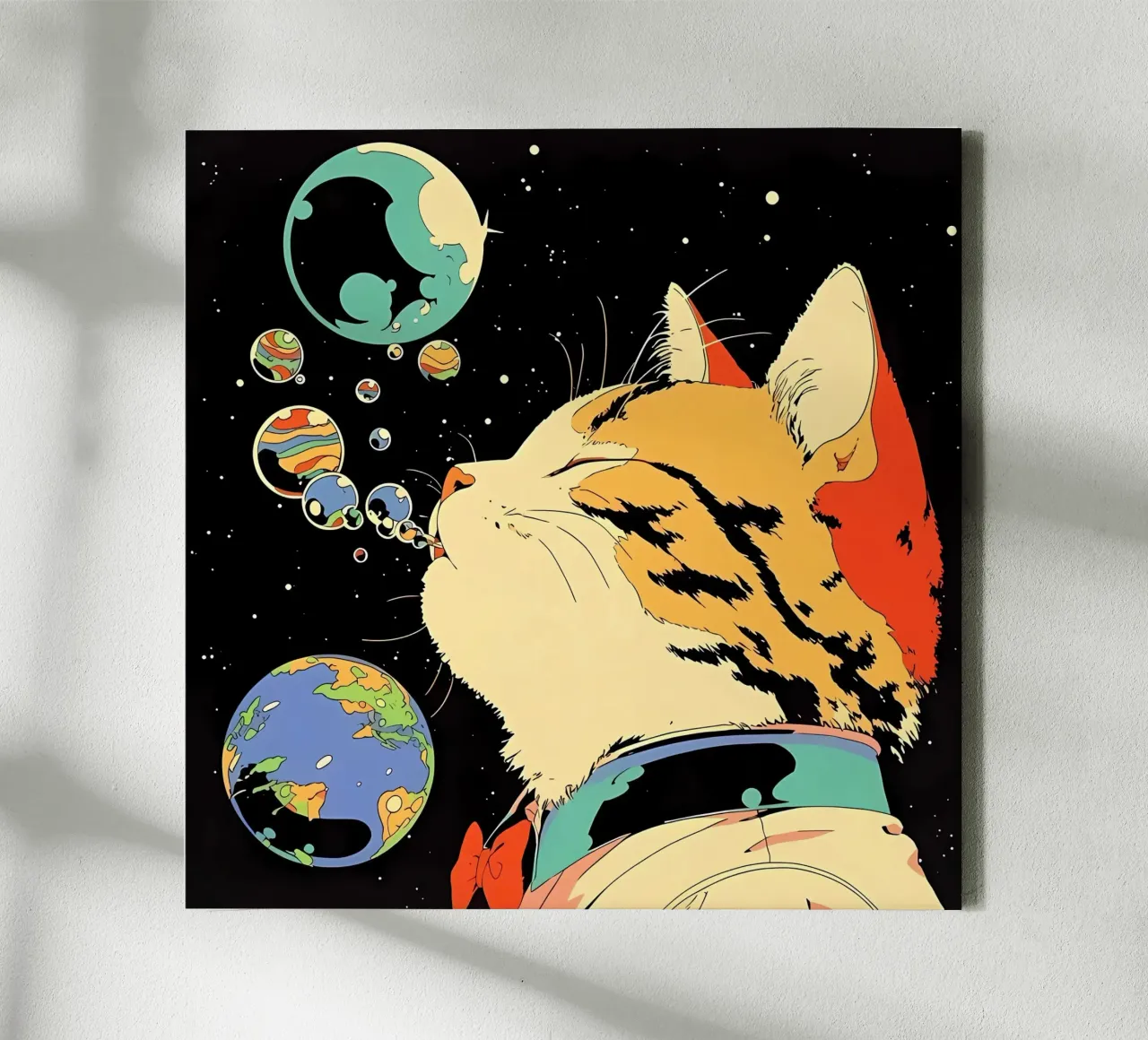 Space Cat Blowing Planet Bubbles – Colorful Sci-Fi Vector Ar canvas by Mittelerde Atelier