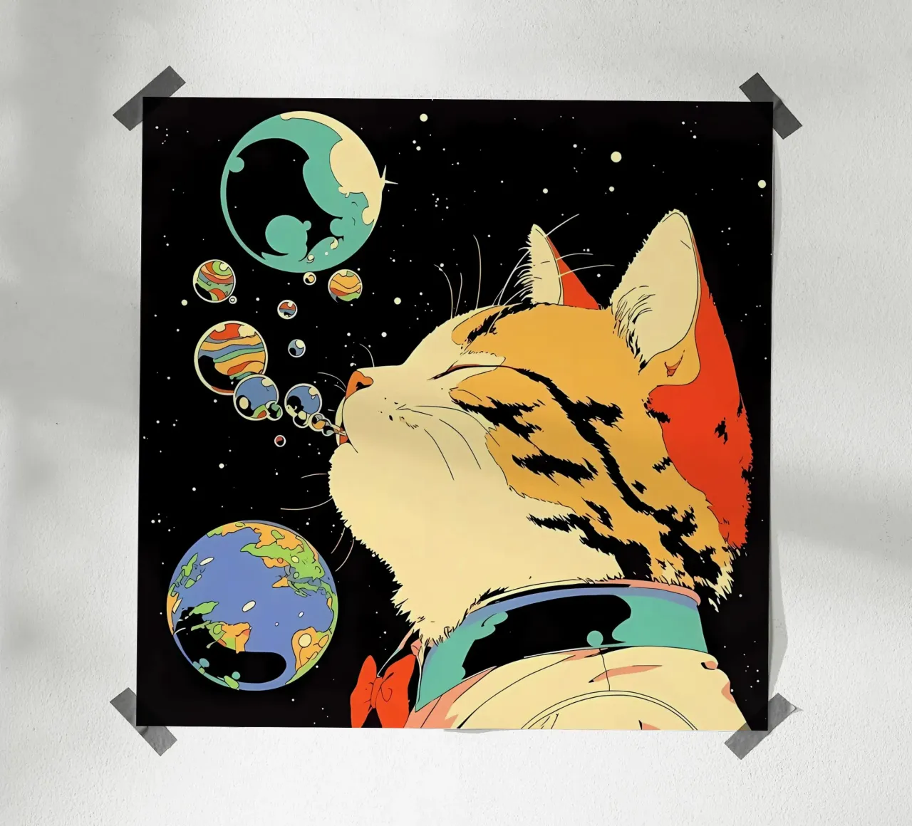 Space Cat Blowing Planet Bubbles – Colorful Sci-Fi Vector Ar hahnemühle by Mittelerde Atelier