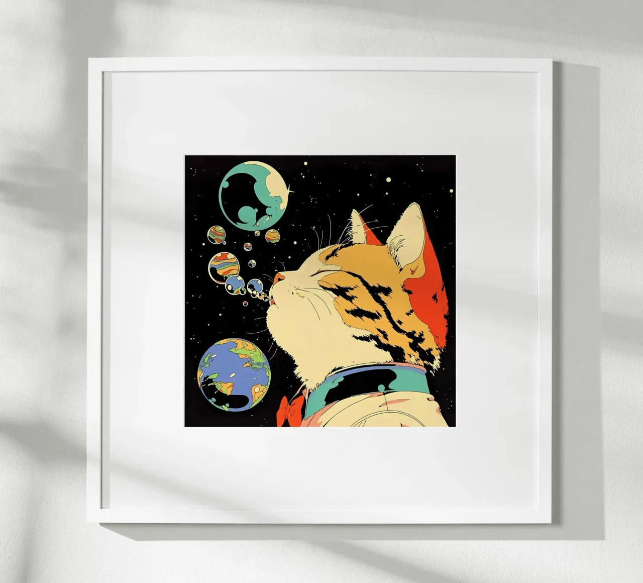 Space Cat Blowing Planet Bubbles – Colorful Sci-Fi Vector Ar hahnemühle by Mittelerde Atelier