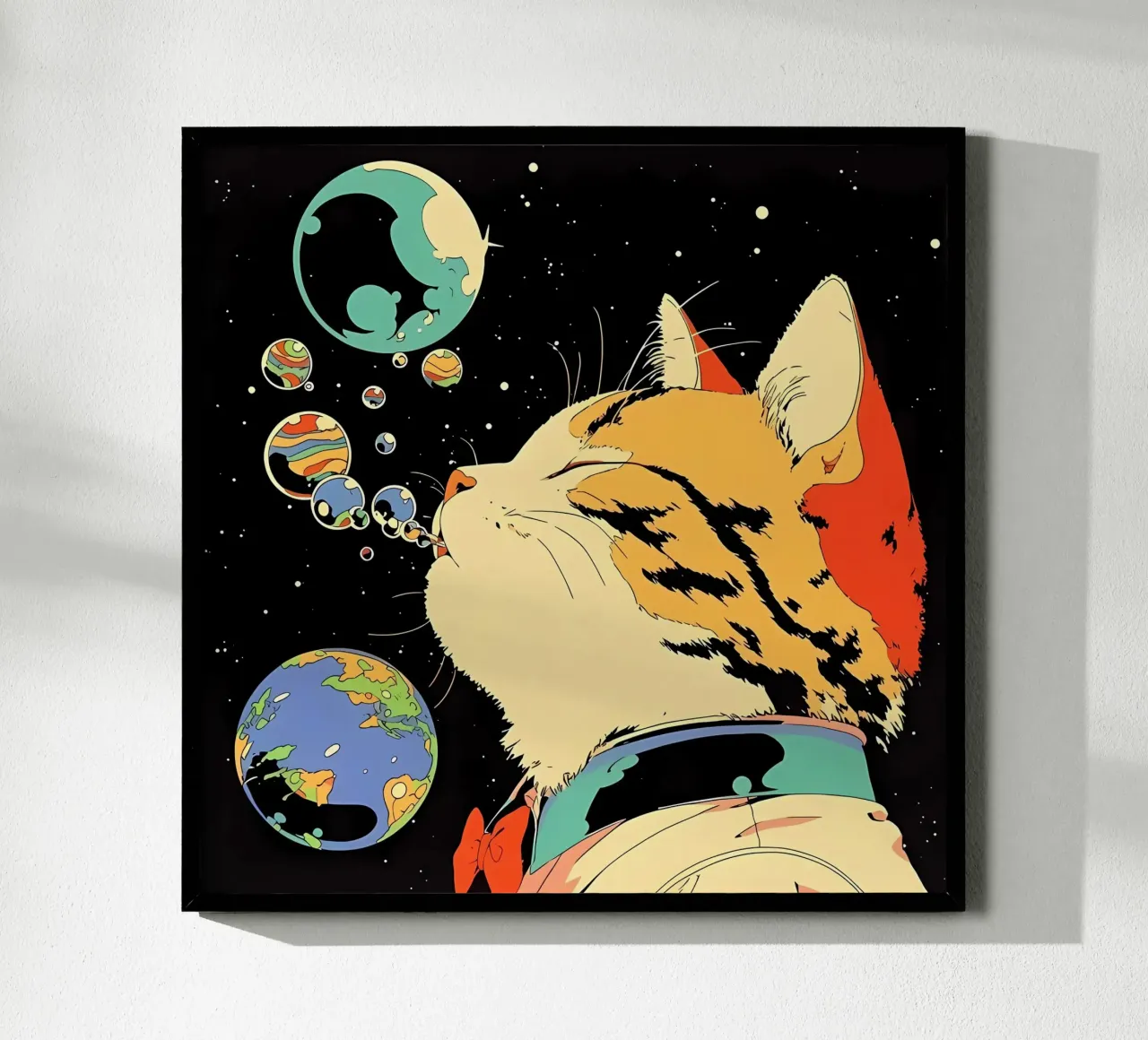 Space Cat Blowing Planet Bubbles – Colorful Sci-Fi Vector Ar hahnemühle by Mittelerde Atelier