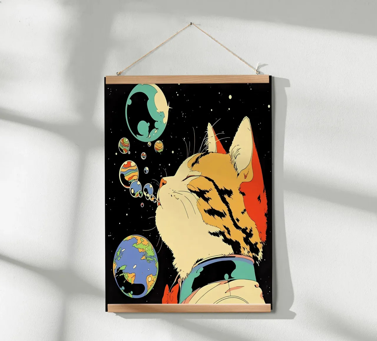 Space Cat Blowing Planet Bubbles – Colorful Sci-Fi Vector Ar hahnemühle by Mittelerde Atelier