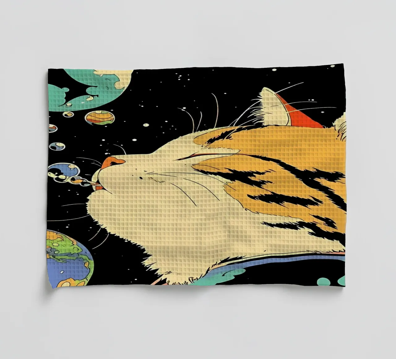 Space Cat Blowing Planet Bubbles – Colorful Sci-Fi Vector Ar tea towel by Mittelerde Atelier