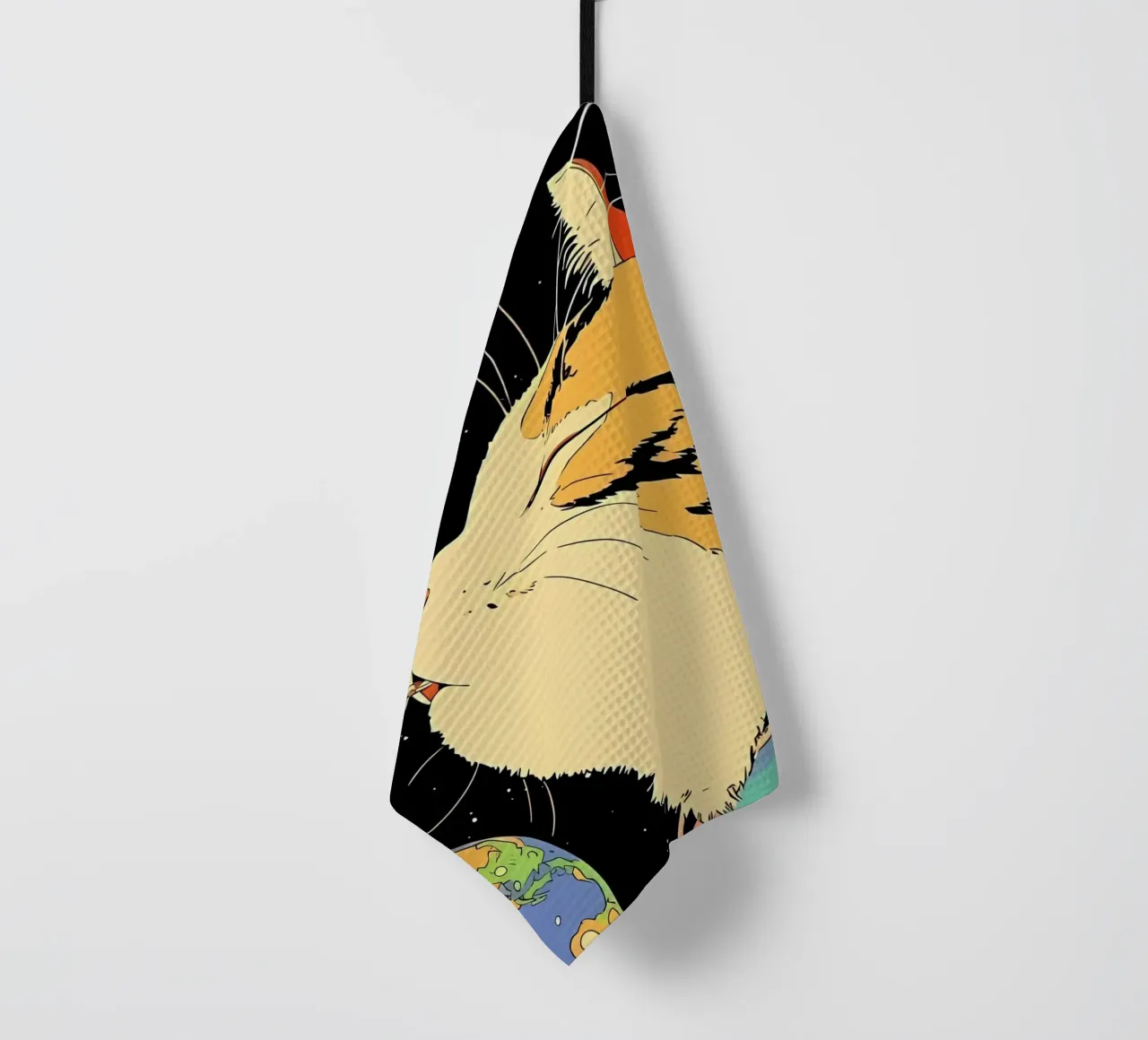 Space Cat Blowing Planet Bubbles – Colorful Sci-Fi Vector Ar tea towel by Mittelerde Atelier