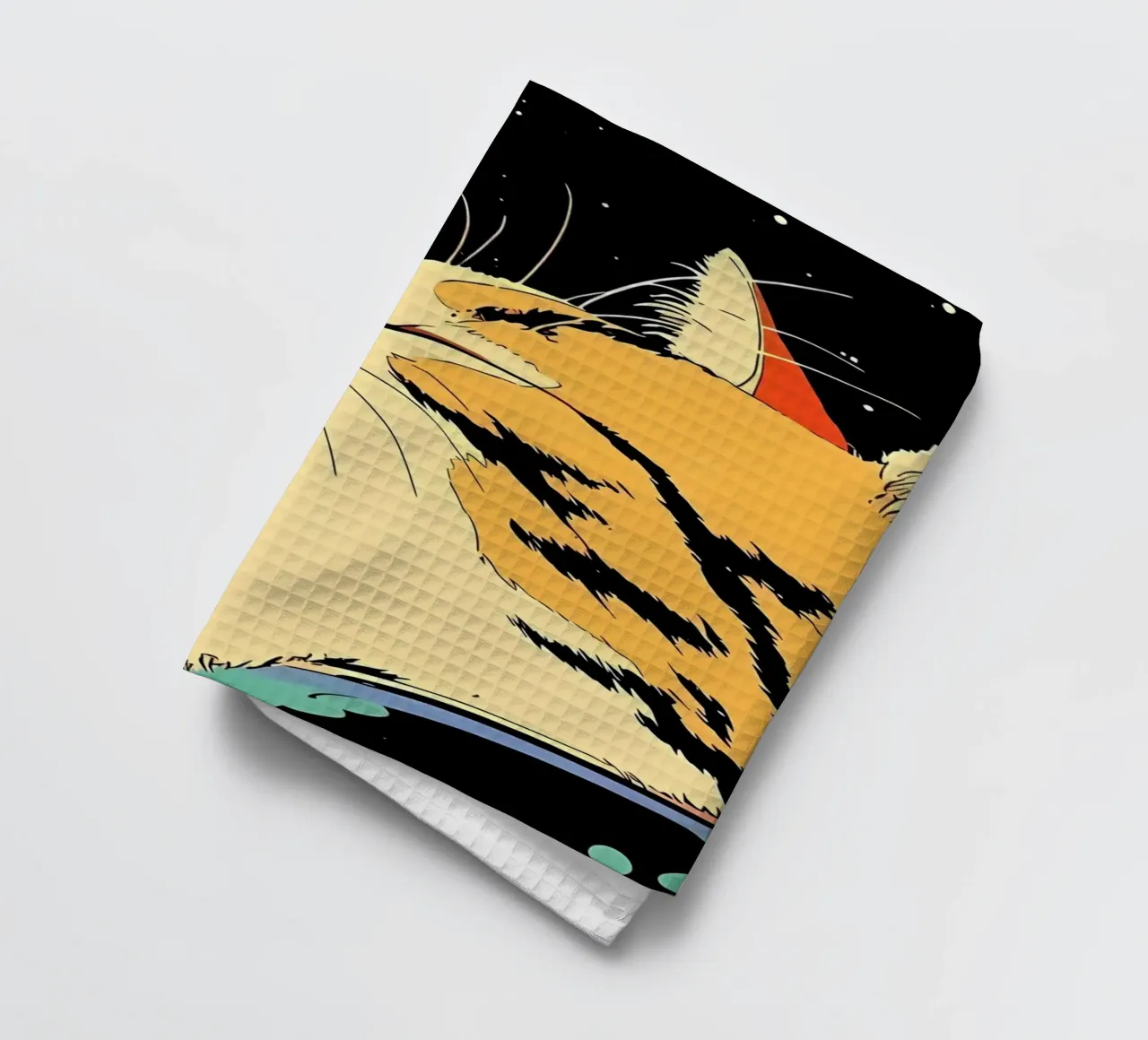 Space Cat Blowing Planet Bubbles – Colorful Sci-Fi Vector Ar tea towel by Mittelerde Atelier