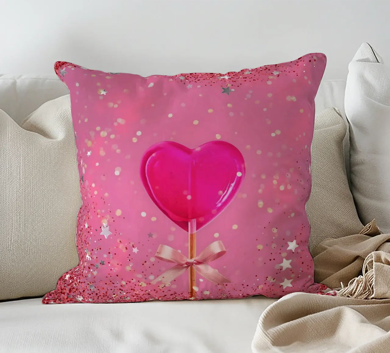Lecca lecca lecca rosa con cuore e stelle cuscino da cafelab