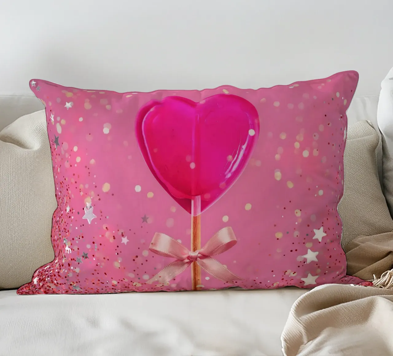 Lecca lecca lecca rosa con cuore e stelle cuscino da cafelab