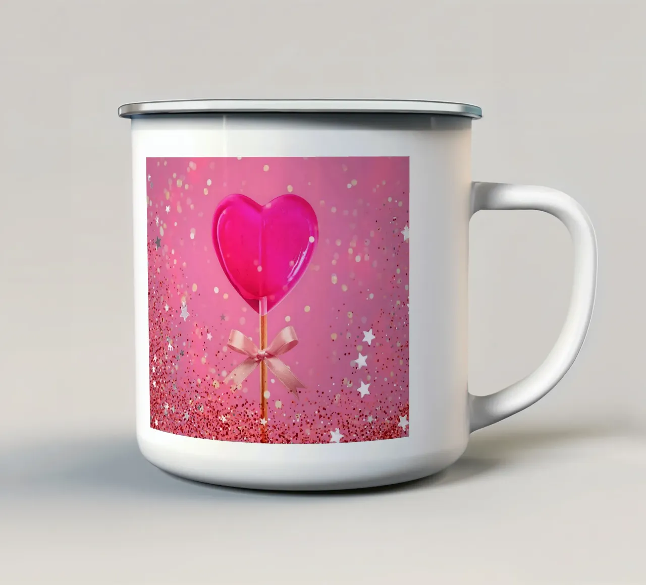 Lecca lecca lecca rosa con cuore e stelle tazza in smalto da cafelab