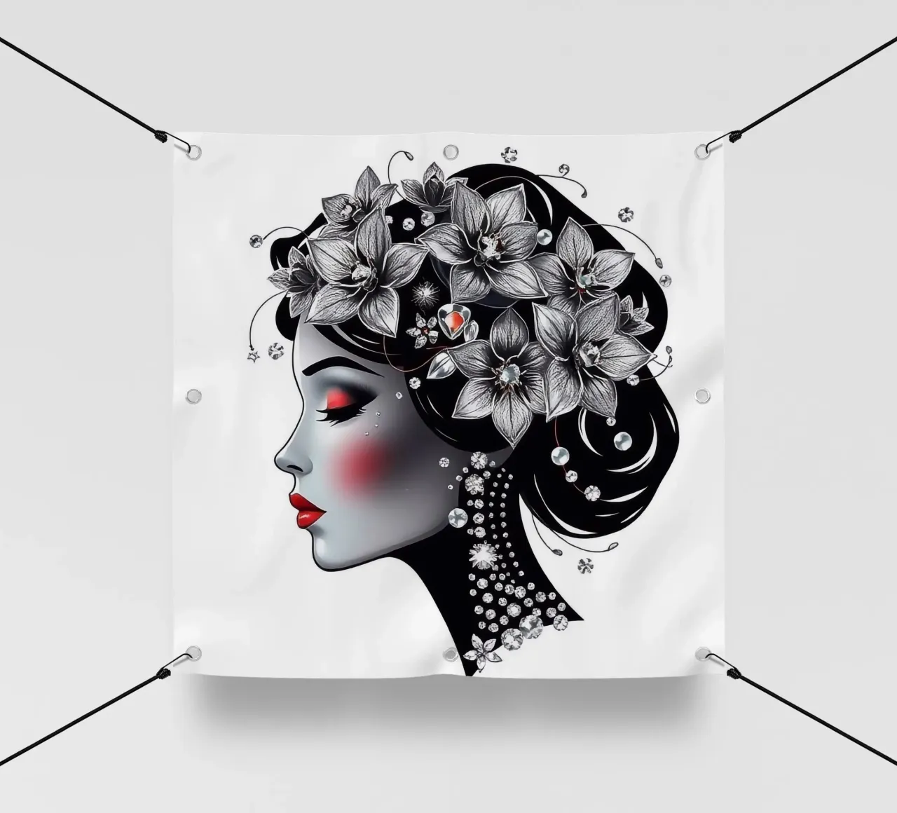 Donna con copricapo di fiori telo in pvc da BenCoStyle