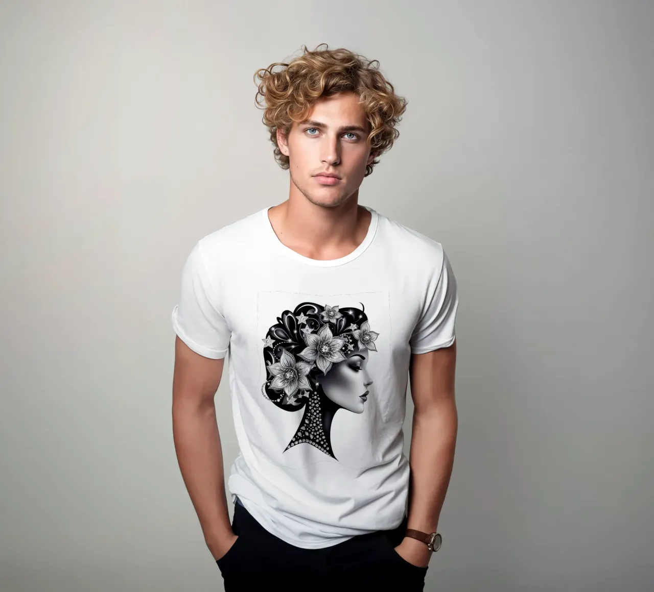 Illustrazione di una donna con un copricapo di fiori t-shirt da BenCoStyle