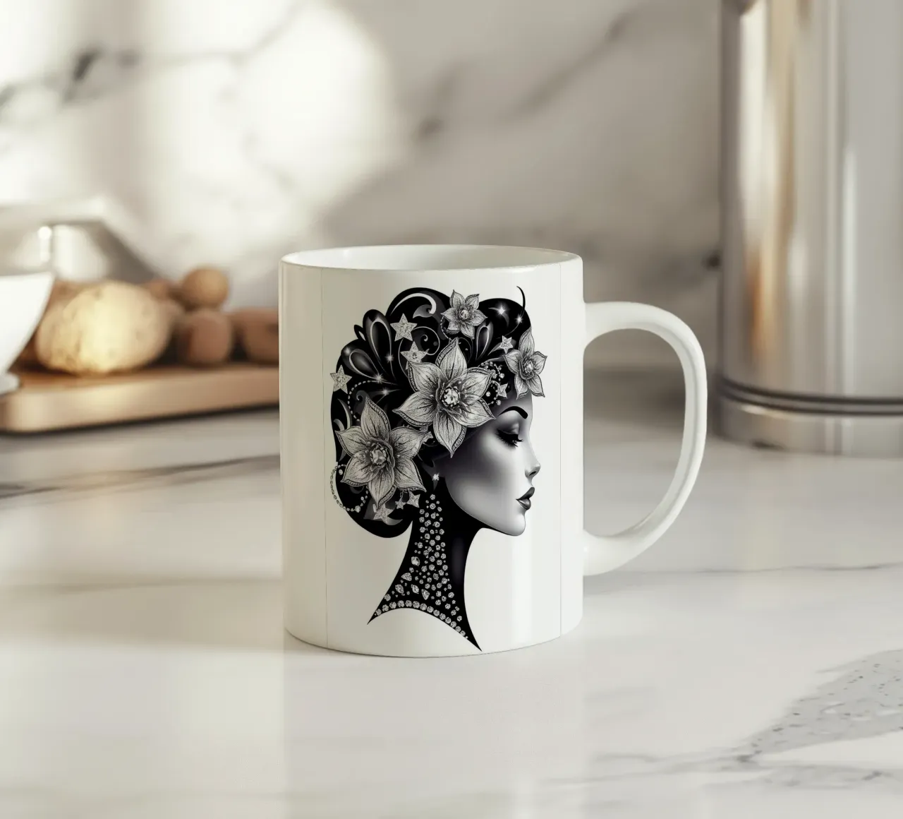 Illustrazione di una donna con un copricapo di fiori tazza in ceramica da BenCoStyle