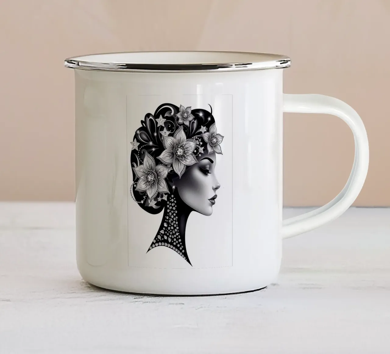 Illustrazione di una donna con un copricapo di fiori tazza in smalto da BenCoStyle