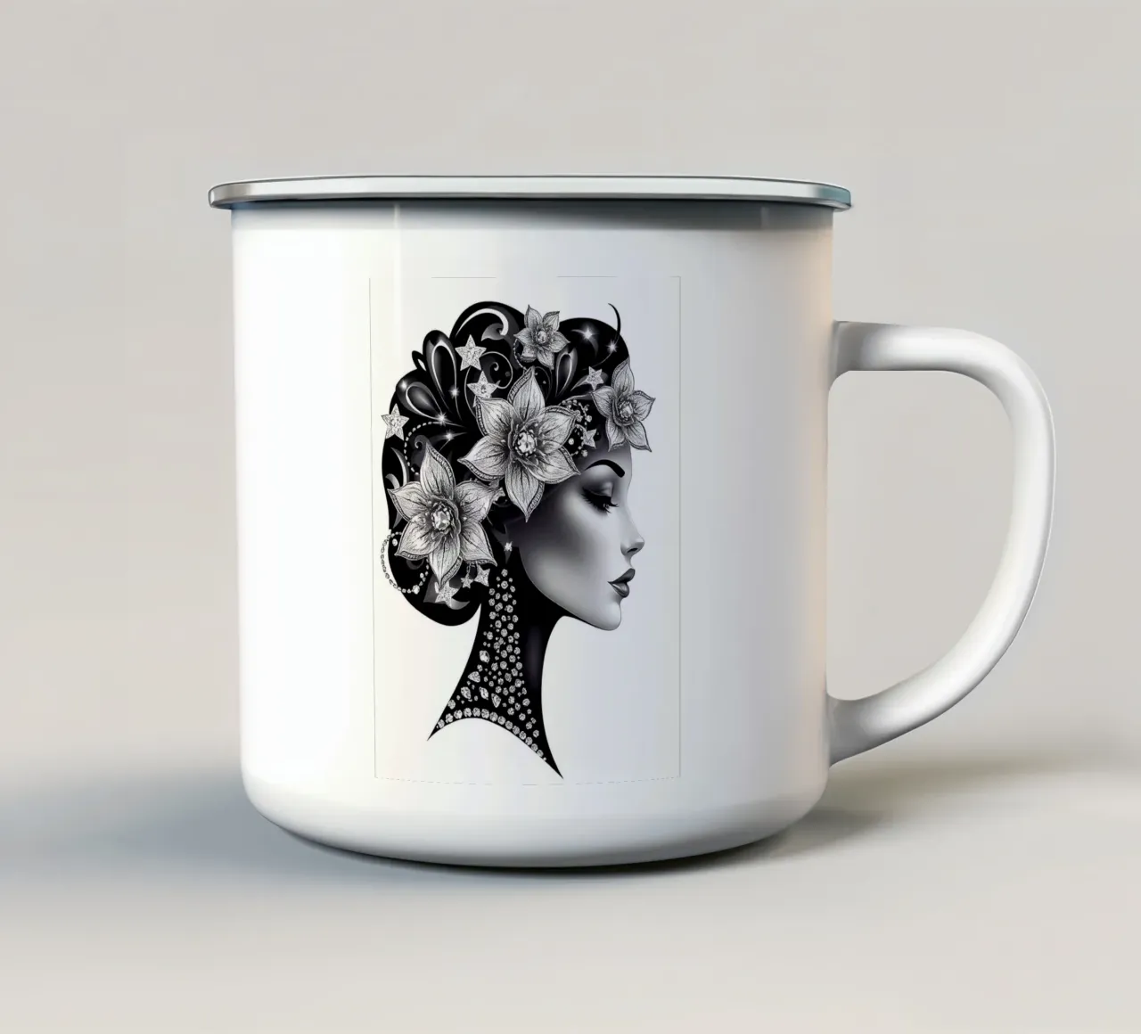 Illustrazione di una donna con un copricapo di fiori tazza in smalto da BenCoStyle