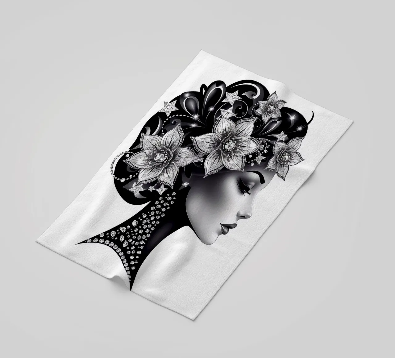 Illustrazione di una donna con un copricapo di fiori telo mare da BenCoStyle