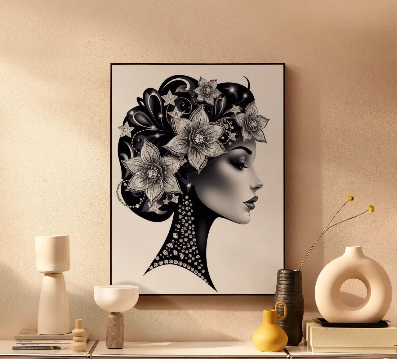 Illustrazione di una donna con un copricapo di fiori alluminio dibond da BenCoStyle