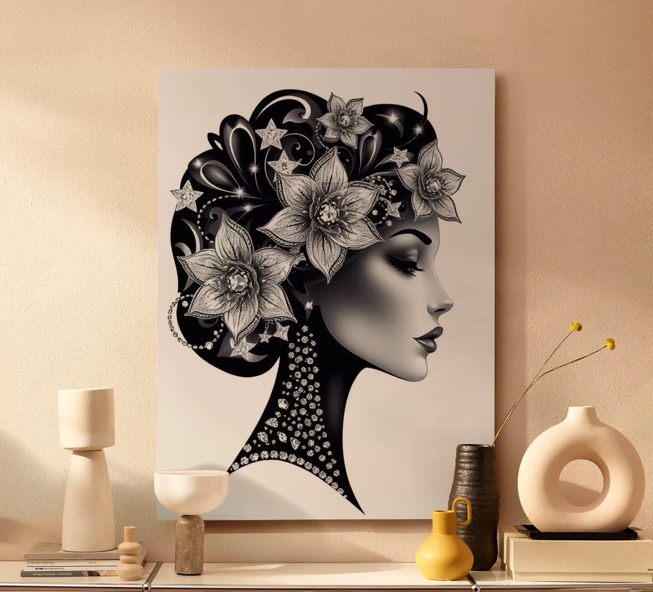 Illustrazione di una donna con un copricapo di fiori alluminio dibond da BenCoStyle
