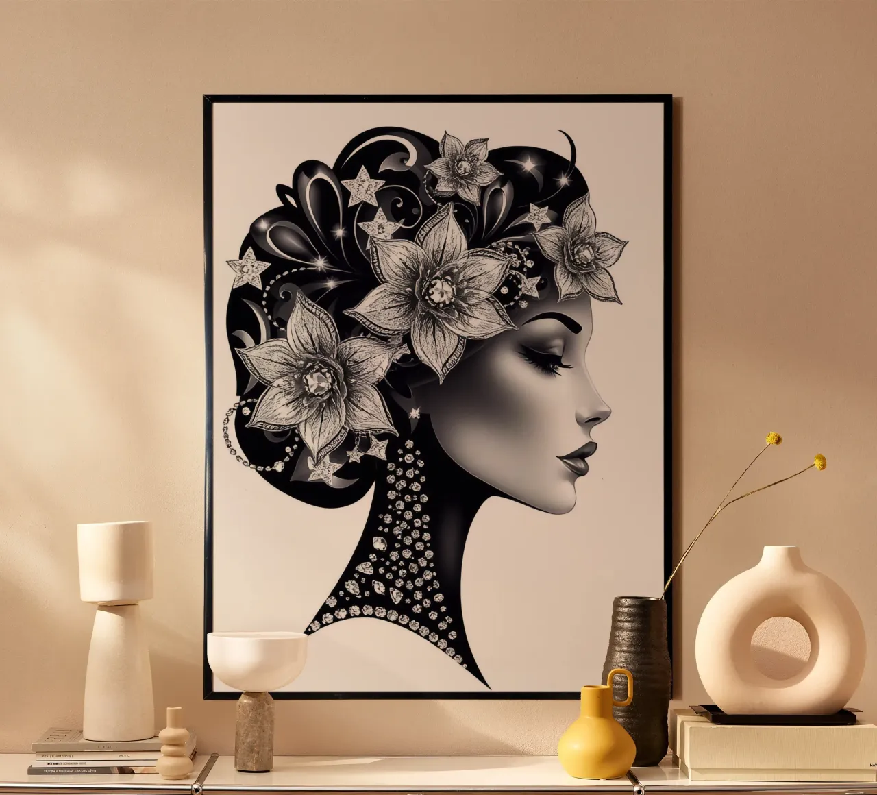 Illustrazione di una donna con un copricapo di fiori carta hahnemühle da BenCoStyle