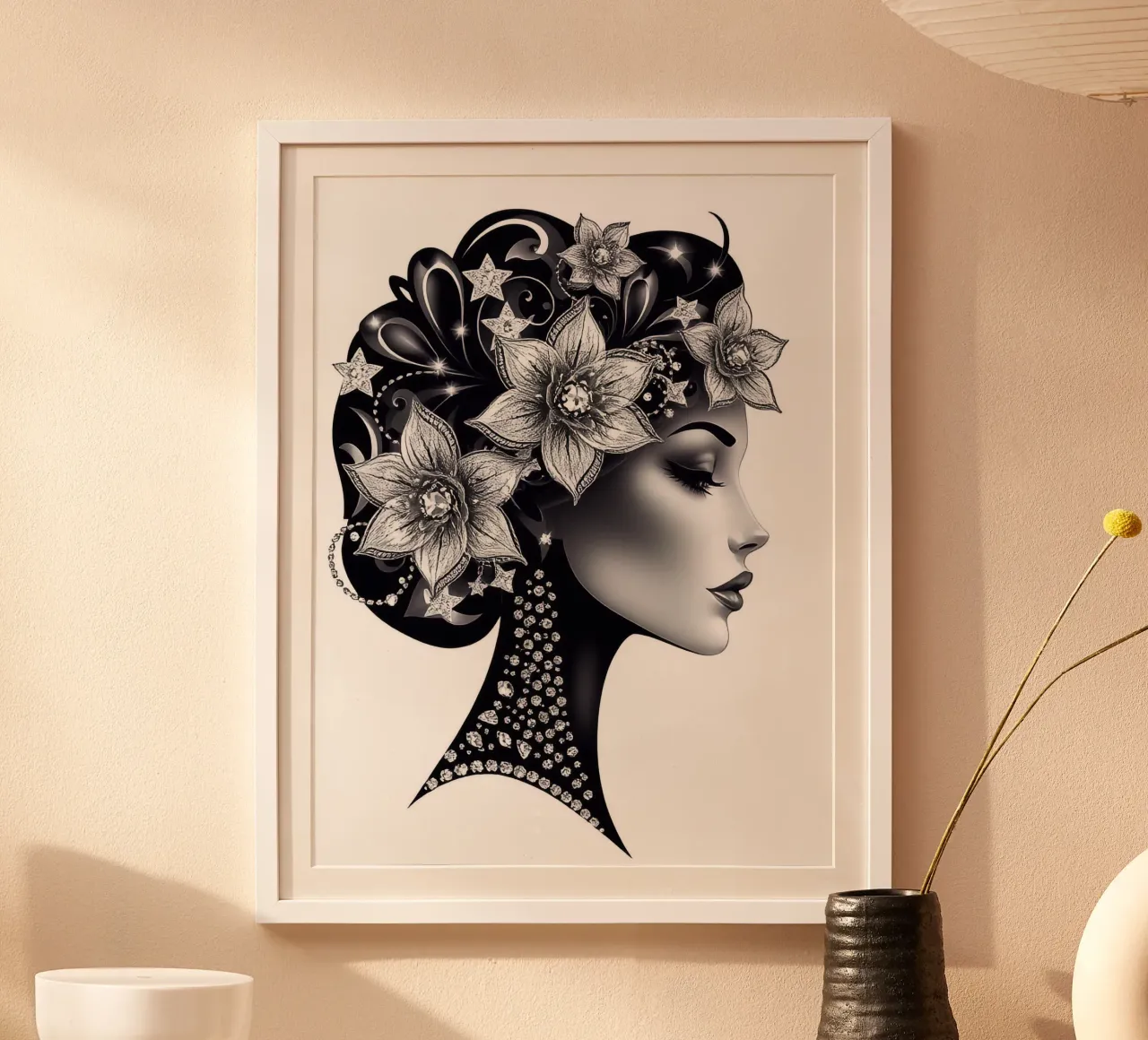 Illustrazione di una donna con un copricapo di fiori carta hahnemühle da BenCoStyle