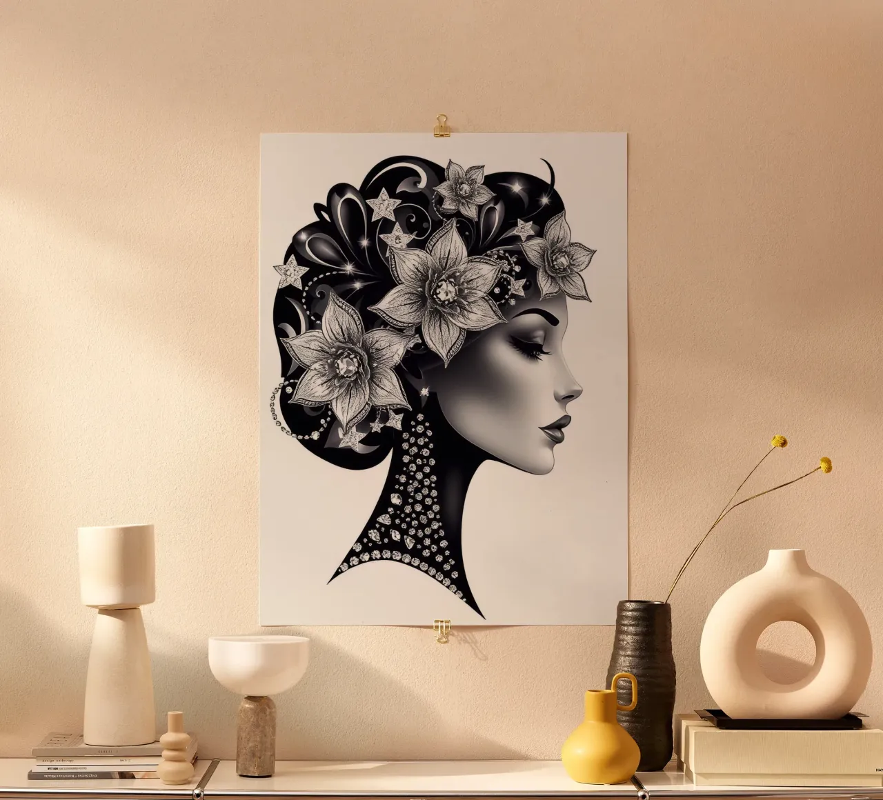 Illustrazione di una donna con un copricapo di fiori carta hahnemühle da BenCoStyle