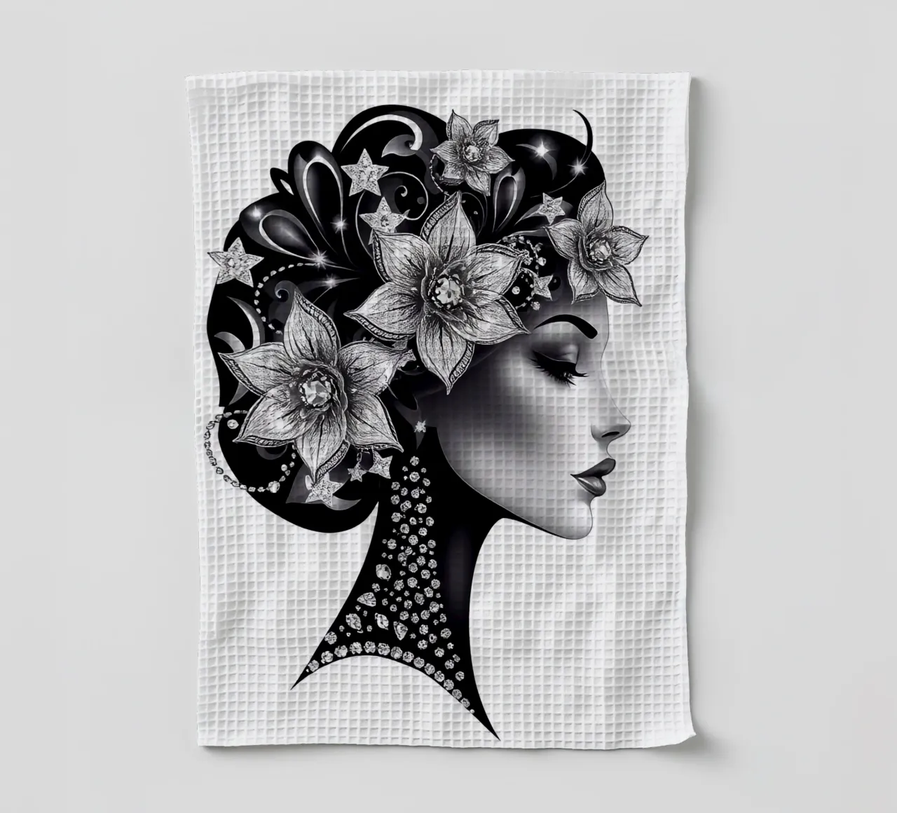 Illustrazione di una donna con un copricapo di fiori canovaccio da cucina da BenCoStyle