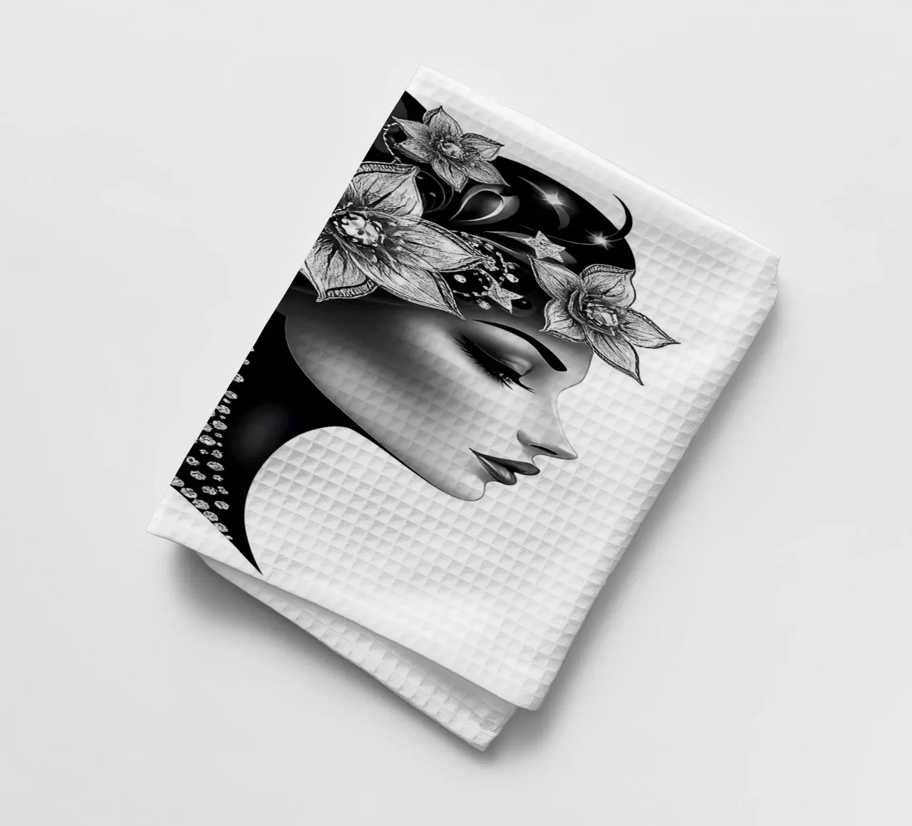 Illustrazione di una donna con un copricapo di fiori canovaccio da cucina da BenCoStyle