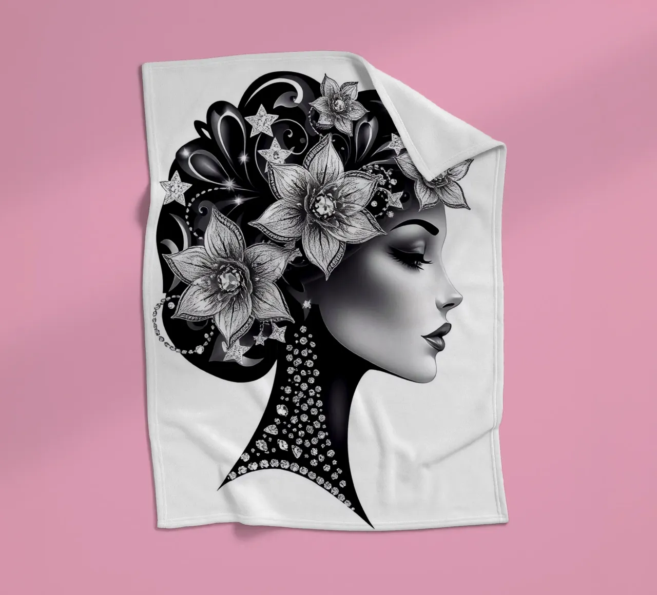 Illustrazione di una donna con un copricapo di fiori coperta in pile da BenCoStyle