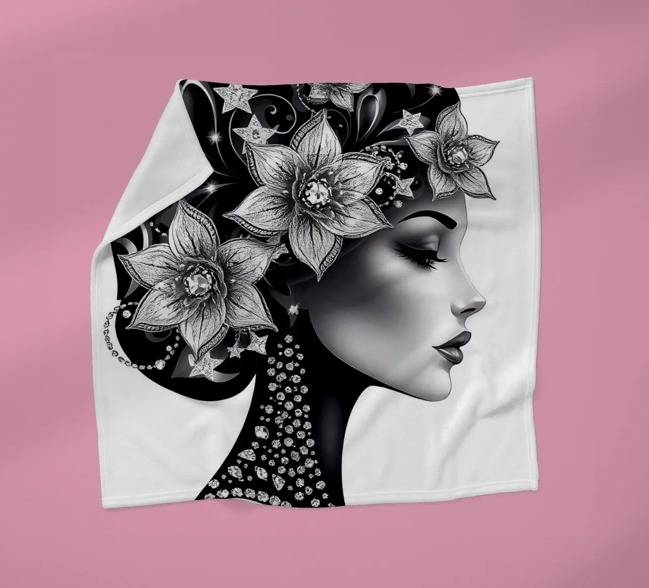 Illustrazione di una donna con un copricapo di fiori coperta in pile da BenCoStyle