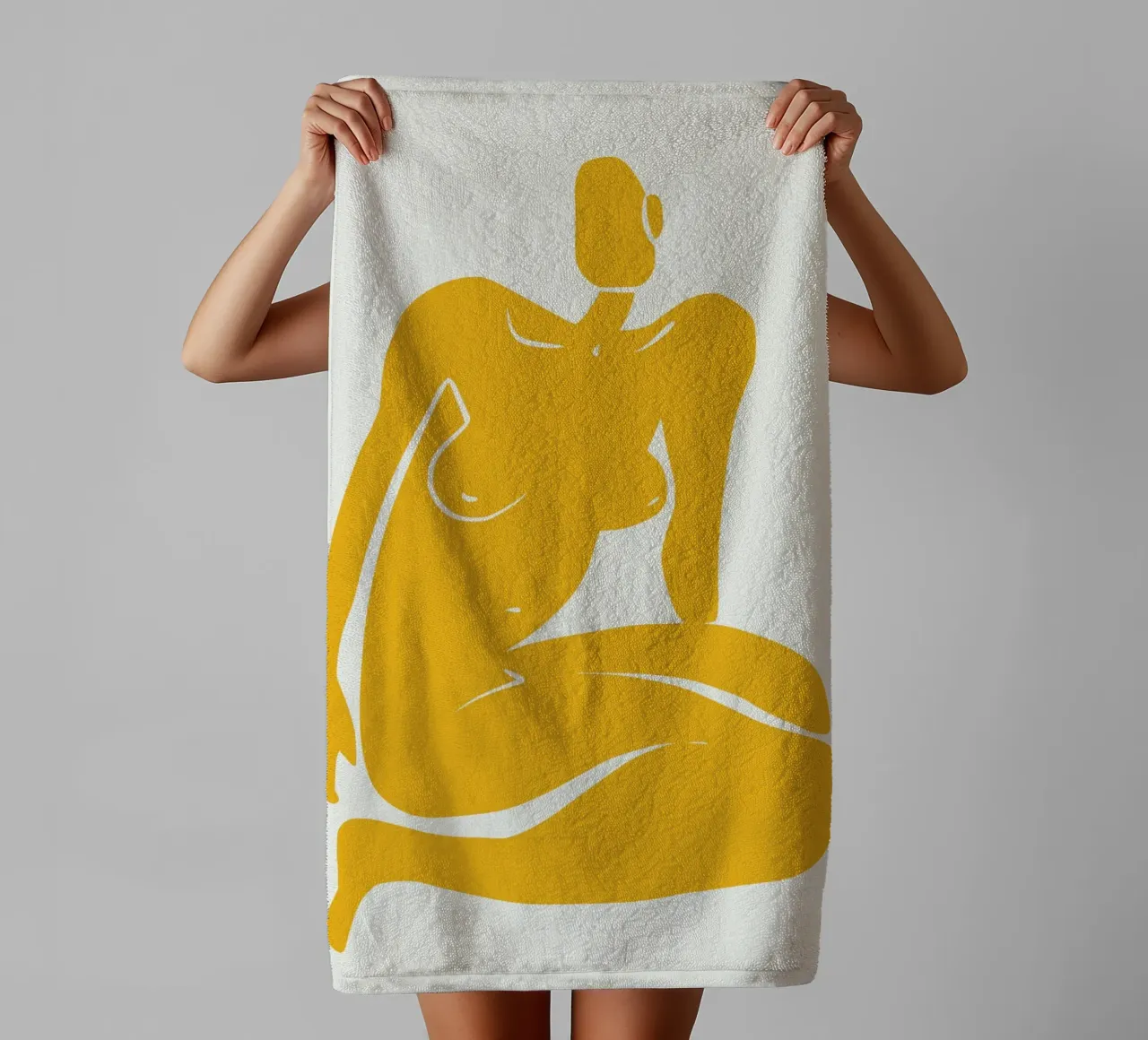 Nudo seduto in giallo x plus asciugamano da bagno da Little Dean