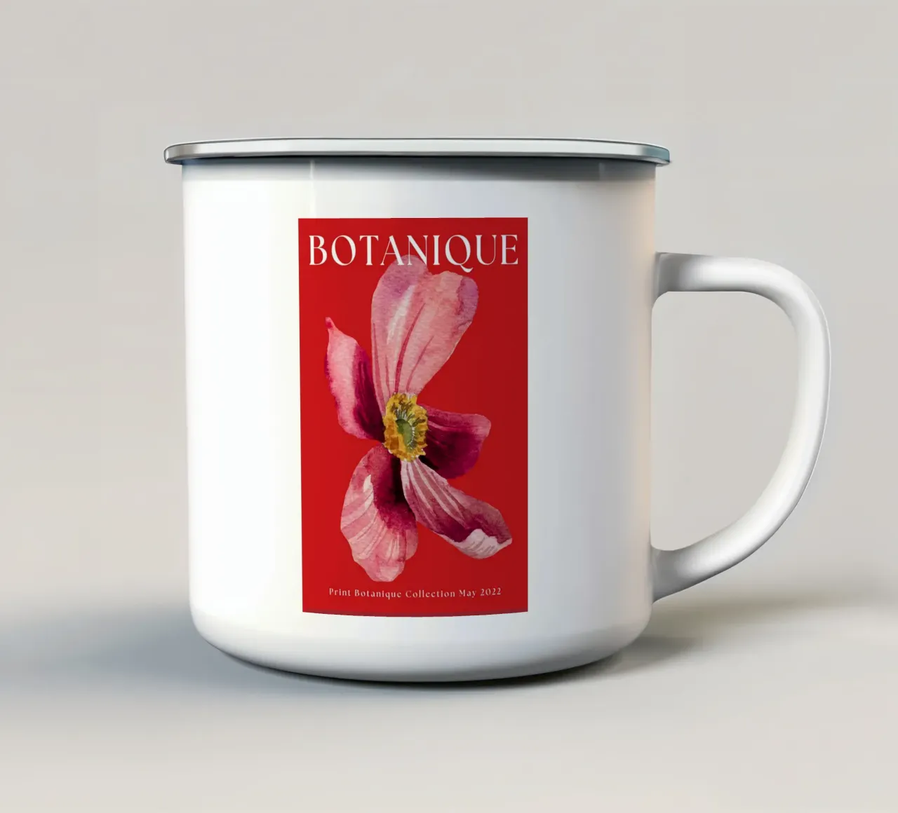 Illustrazione floreale acquerello botanico rosso con petalo in grassetto tazza in smalto da The Art Club