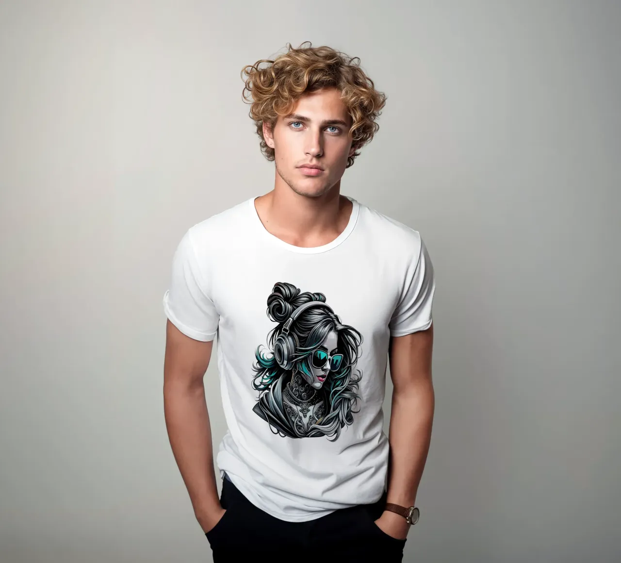 Ragazza cool con cuffie e chignon disordinato t-shirt da mum tees
