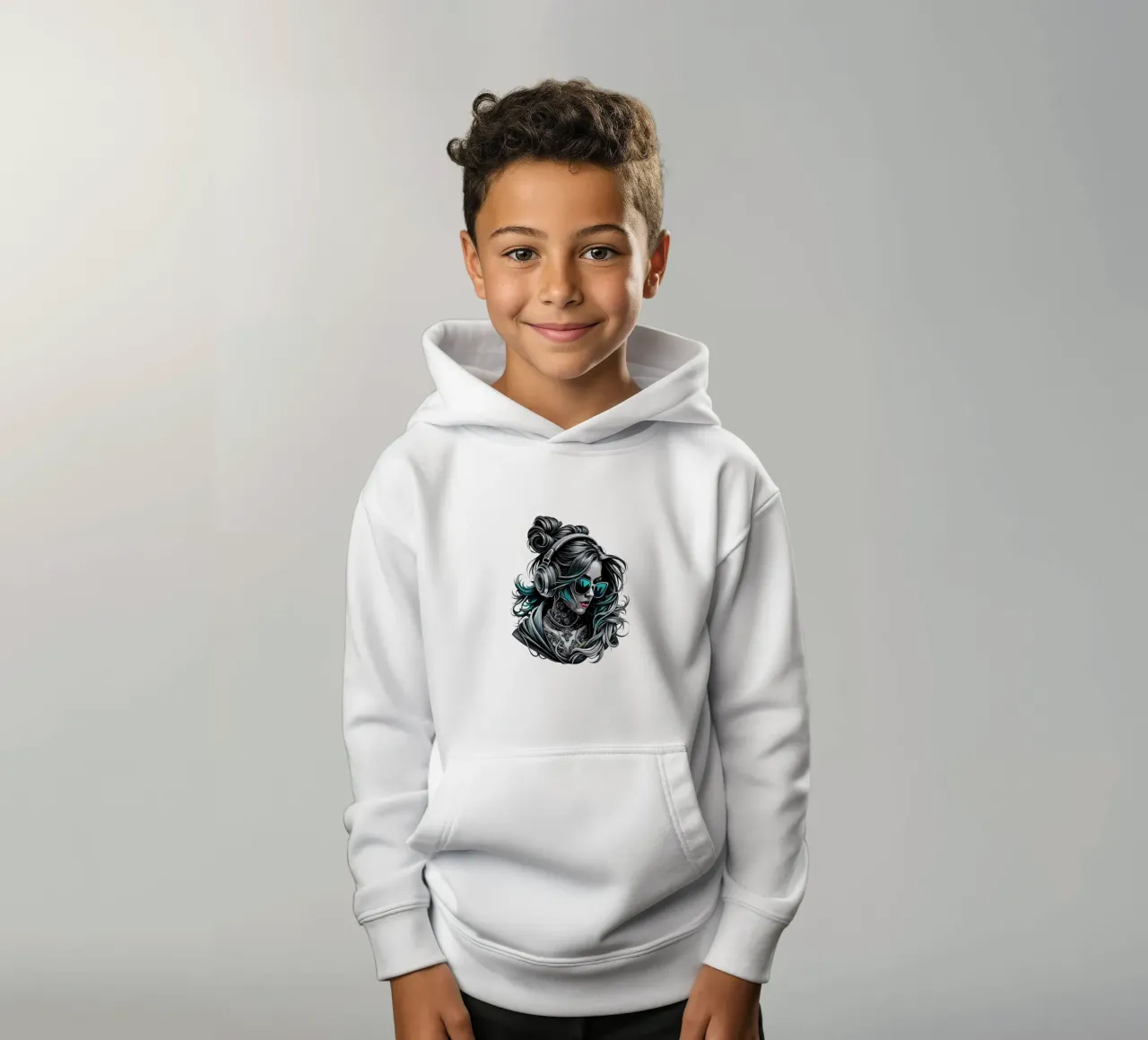 Ragazza cool con cuffie e chignon disordinato felpa bambino con cappuccio da mum tees