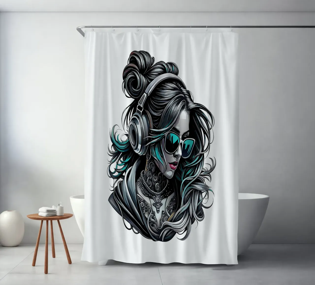 Ragazza cool con cuffie e chignon disordinato tenda da doccia da mum tees