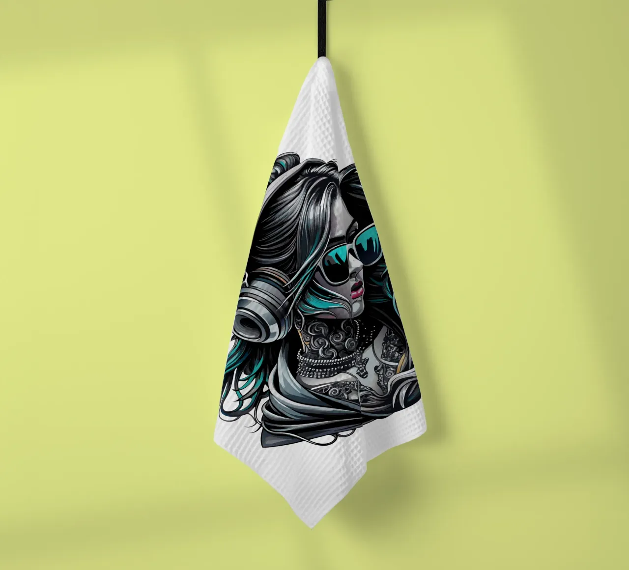 Ragazza cool con cuffie e chignon disordinato canovaccio da cucina da mum tees