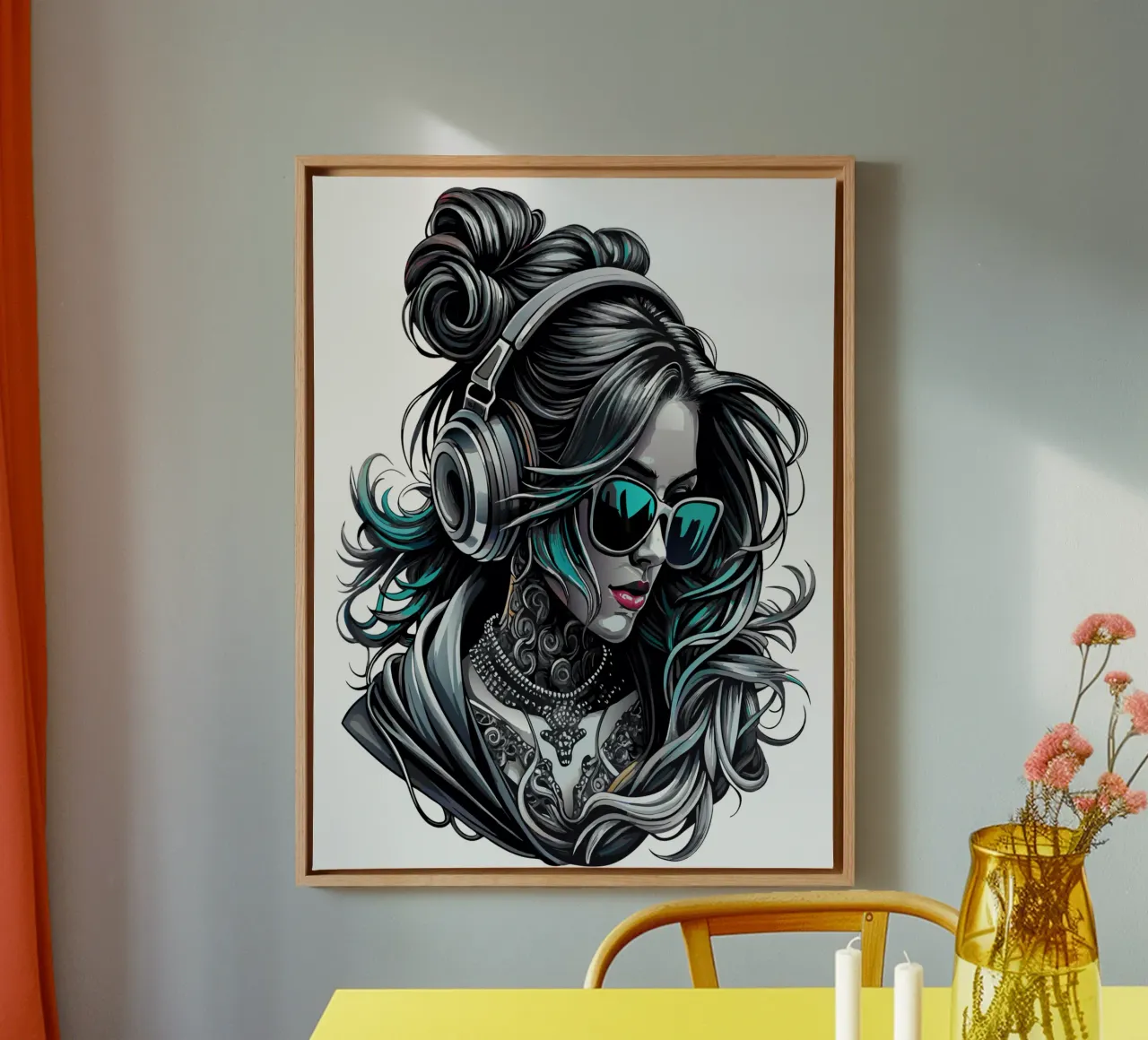 Ragazza cool con cuffie e chignon disordinato tela con Cornice a cassetta da mum tees