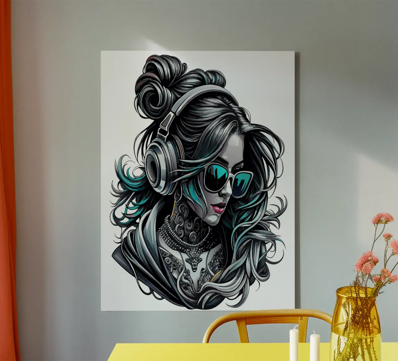 Ragazza cool con cuffie e chignon disordinato tela con Cornice a cassetta da mum tees
