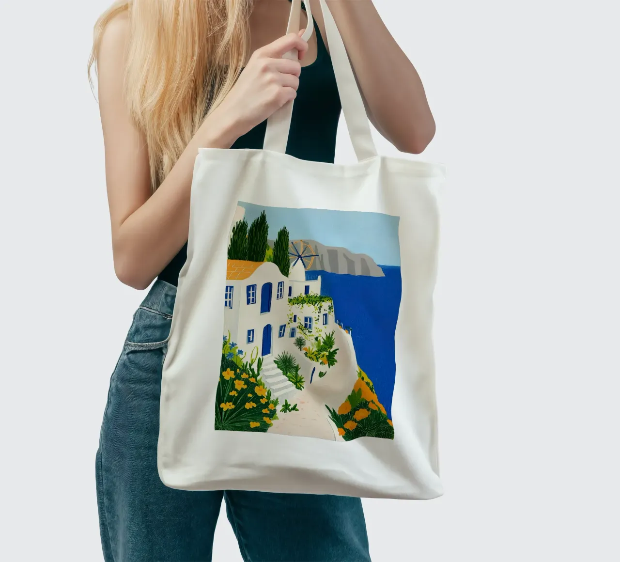 Santorini con fiori gialli borsa in juta da Curious Canvas