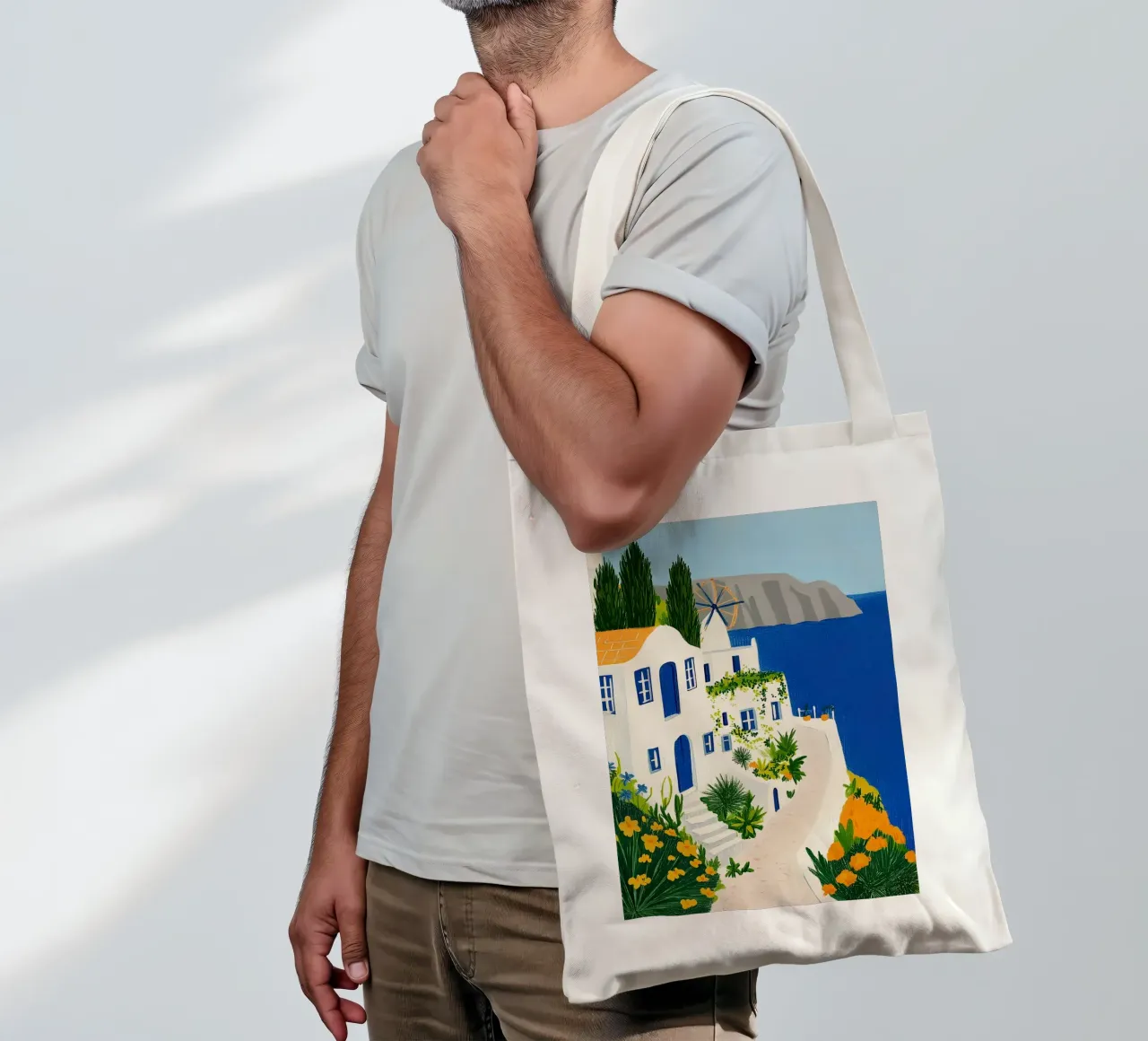 Santorini con fiori gialli borsa in juta da Curious Canvas