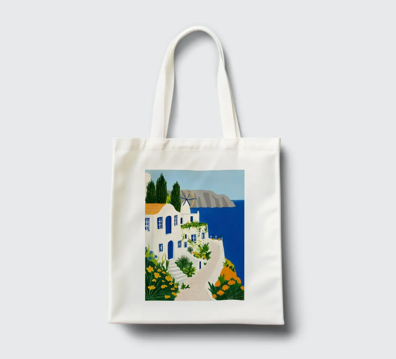 Santorini con fiori gialli borsa in juta da Curious Canvas