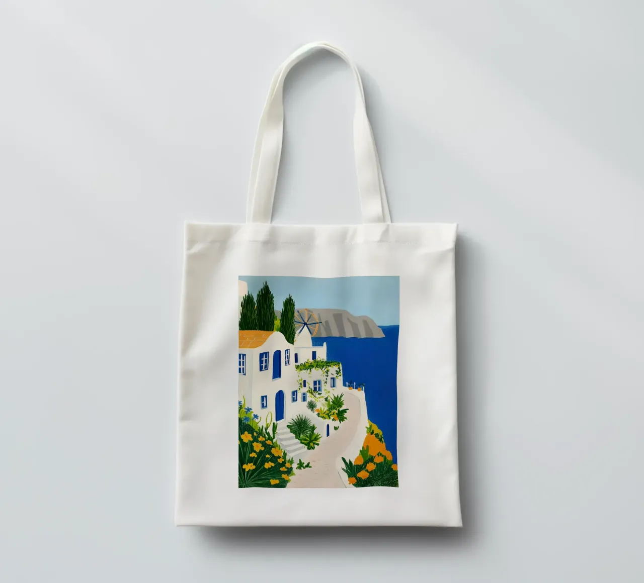 Santorini con fiori gialli borsa in juta da Curious Canvas