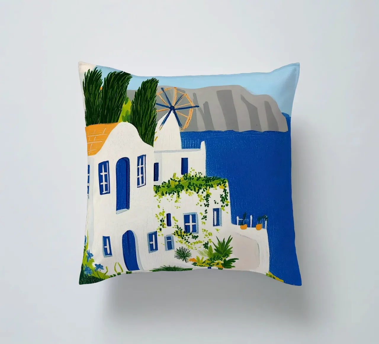 Santorini con fiori gialli cuscino da Curious Canvas