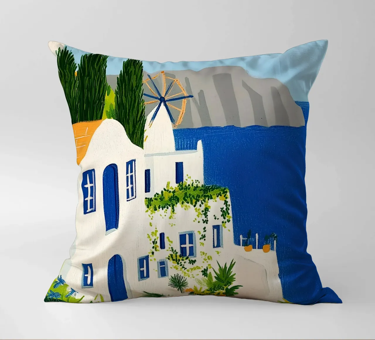 Santorini con fiori gialli cuscino da Curious Canvas