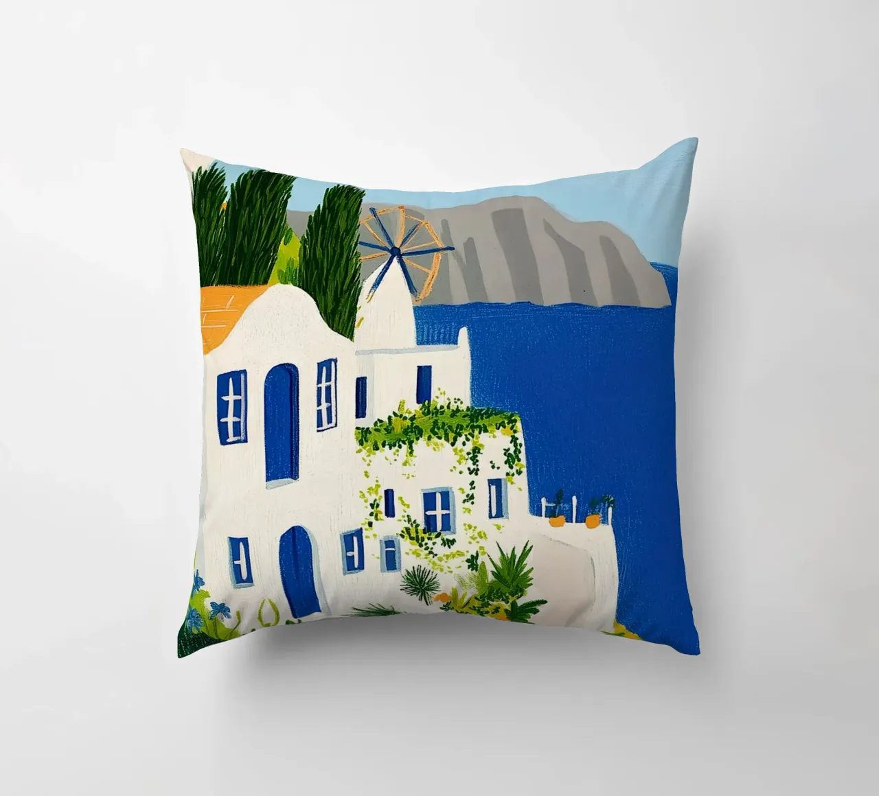 Santorini con fiori gialli cuscino da Curious Canvas
