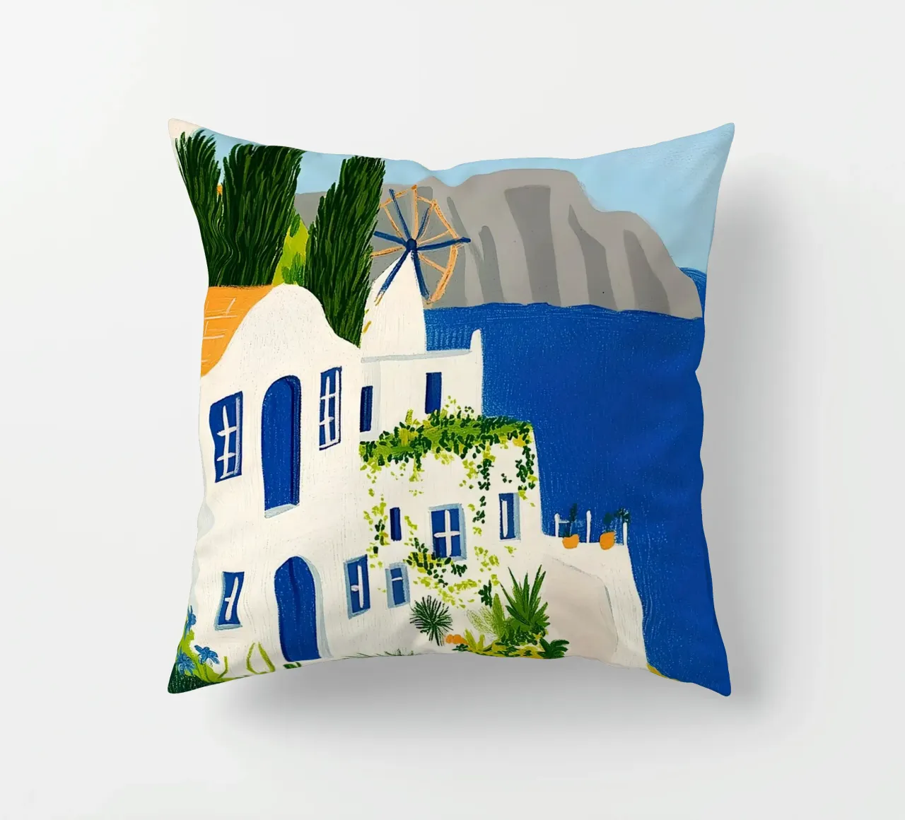 Santorini con fiori gialli cuscino da Curious Canvas