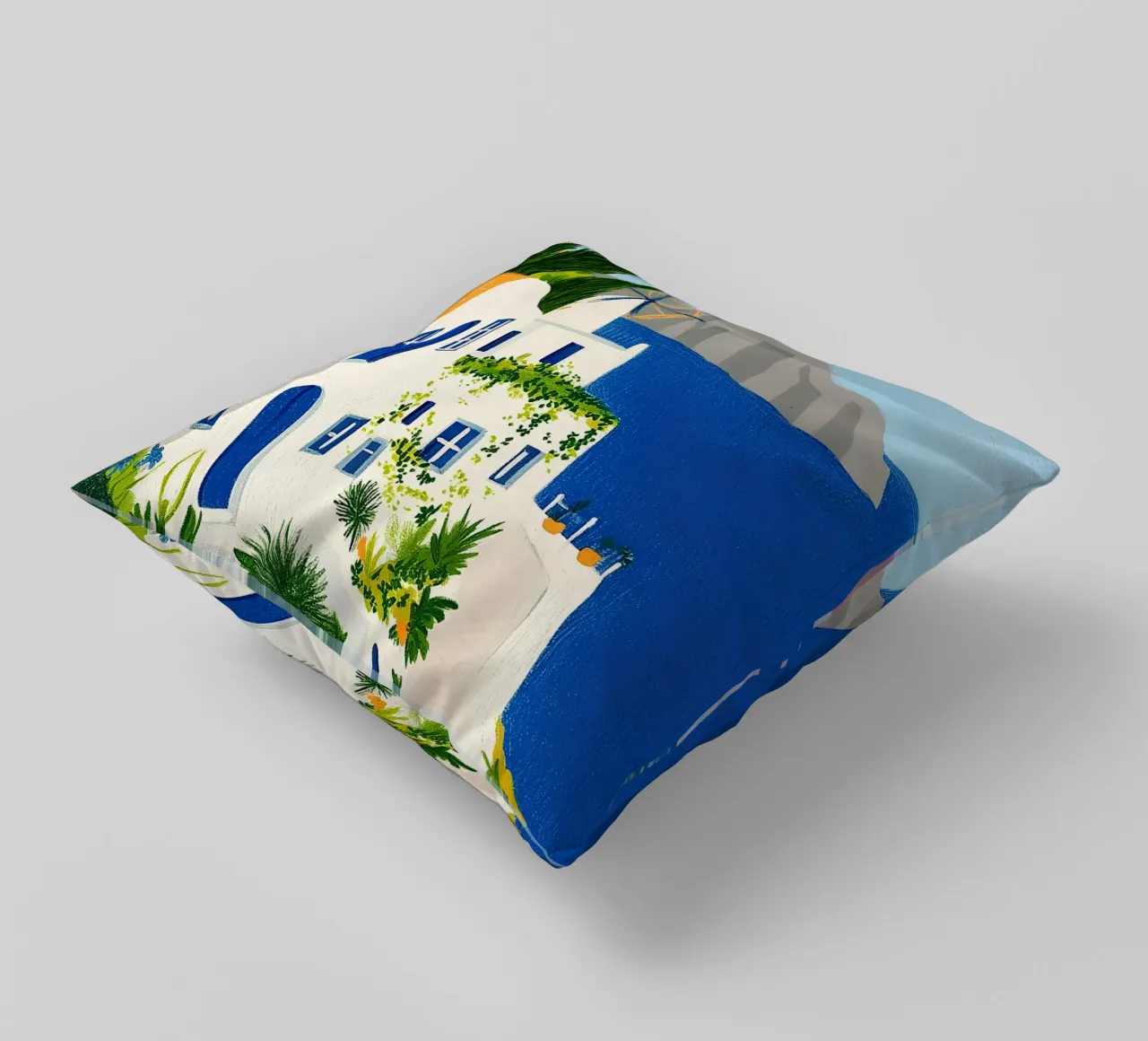 Santorini con fiori gialli cuscino da Curious Canvas