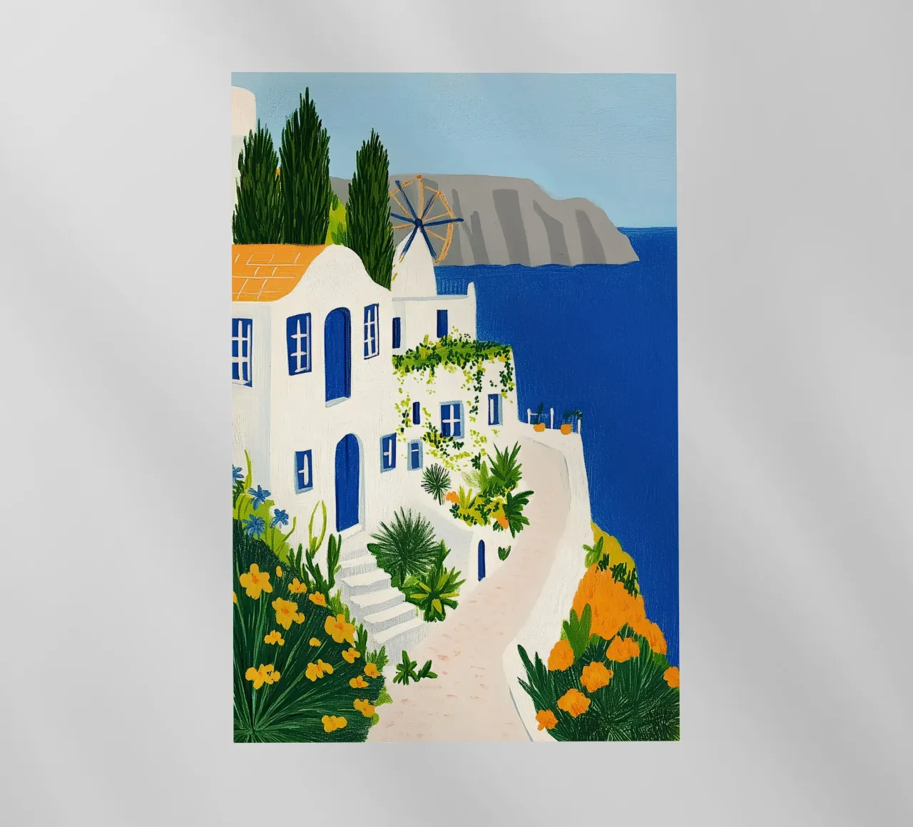 Santorini con fiori gialli pellicola backlit da Curious Canvas