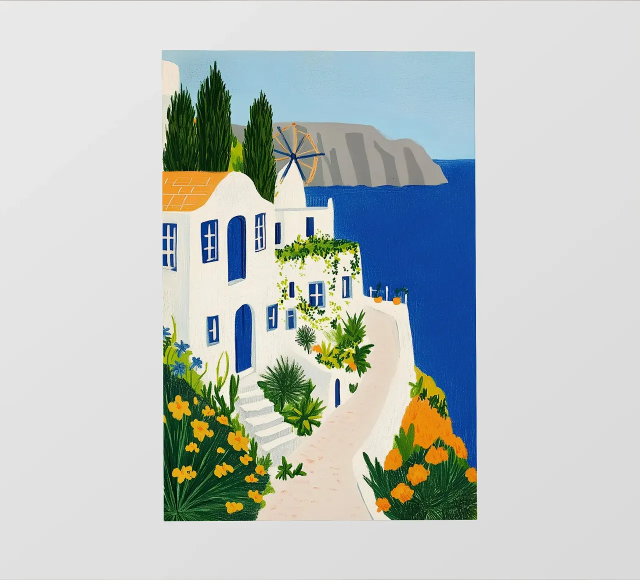 Santorini con fiori gialli pellicola backlit da Curious Canvas