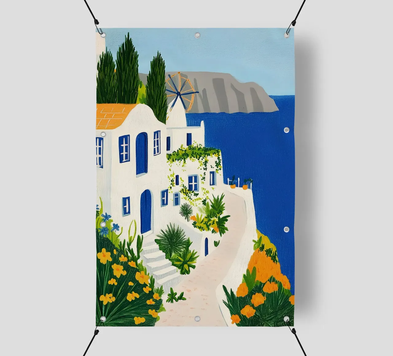 Santorini con fiori gialli telo in pvc da Curious Canvas
