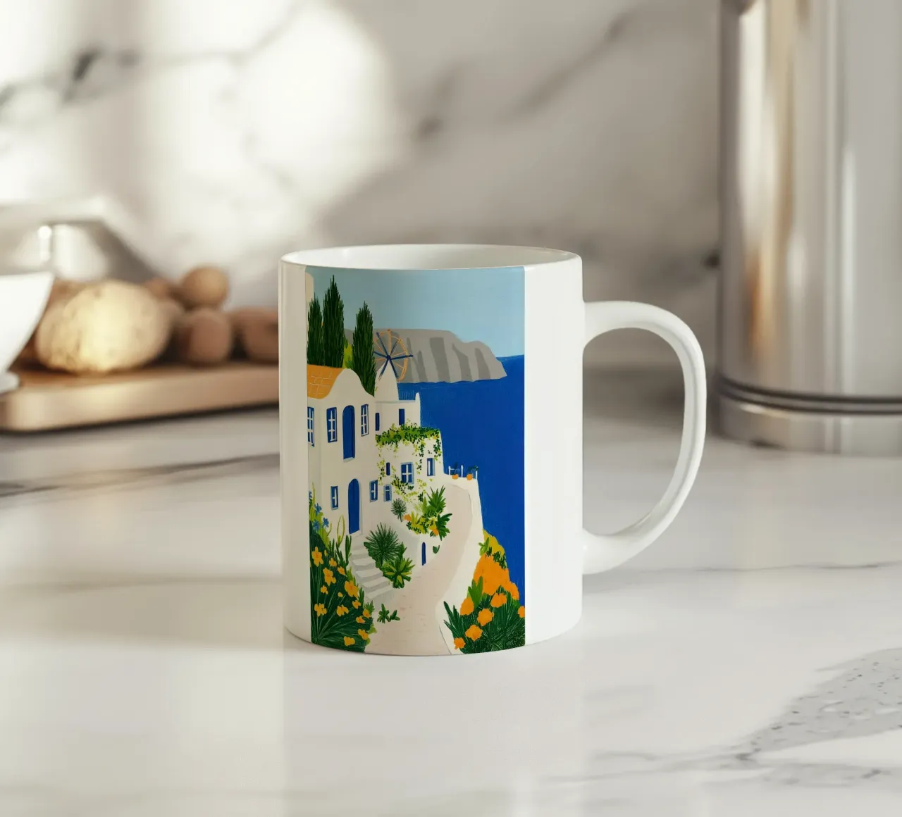 Santorini con fiori gialli tazza in ceramica da Curious Canvas